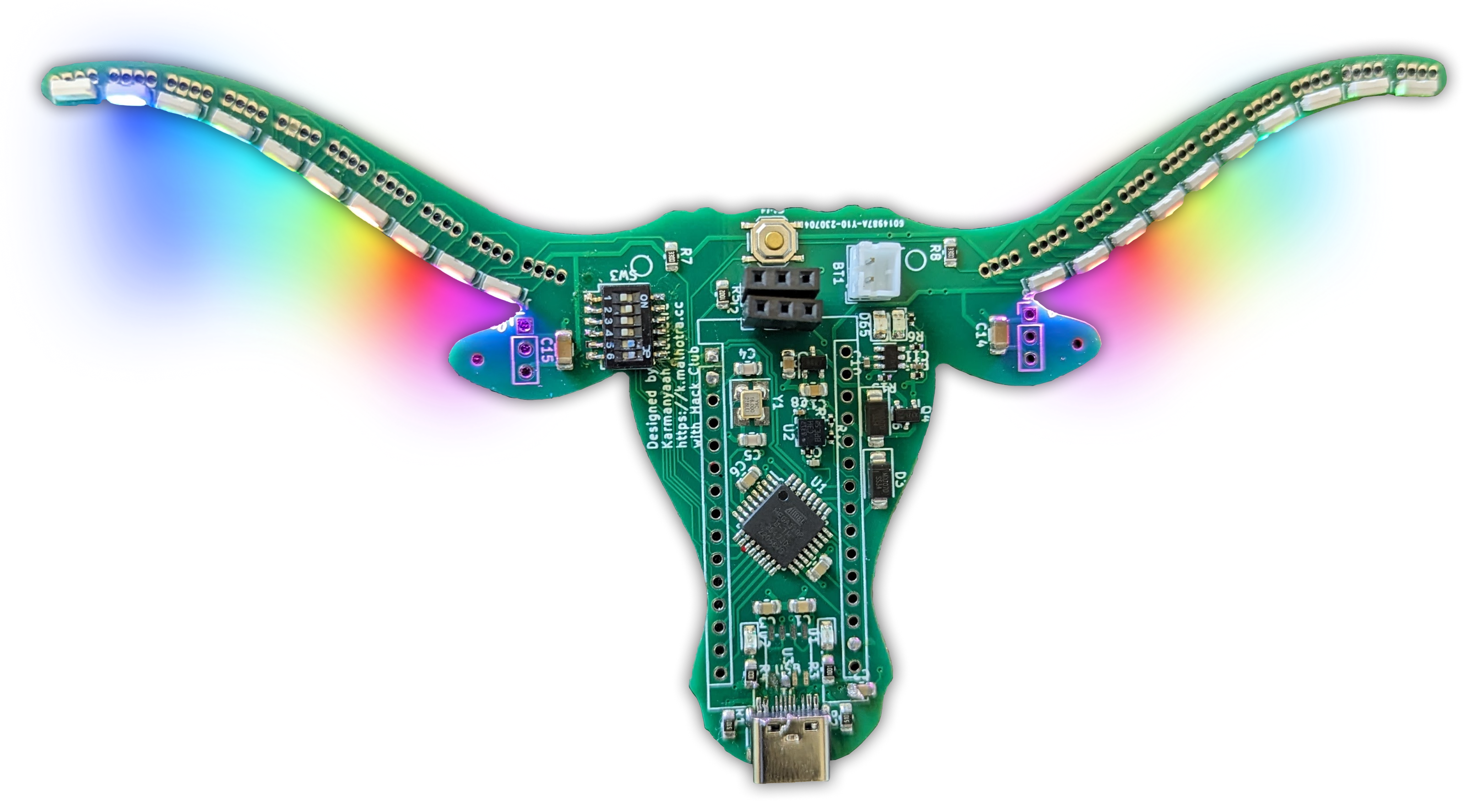 A longhorn-shaped PCB with glowing horns.